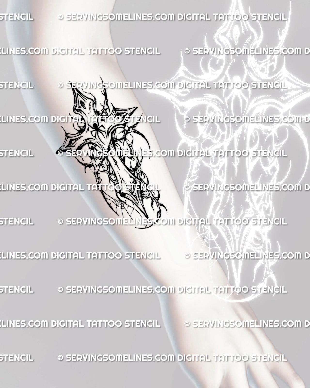 Gothic spiderweb cross tattoo stencil shown on men forearm placement, cyber tribal blackwork made for tattoo stencils for men and clean transfer.
