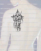 Spiderweb gothic cross tattoo stencil placed on men shoulder, bold cyber tribal structure created for stencil tattoos for men and strong visibility.