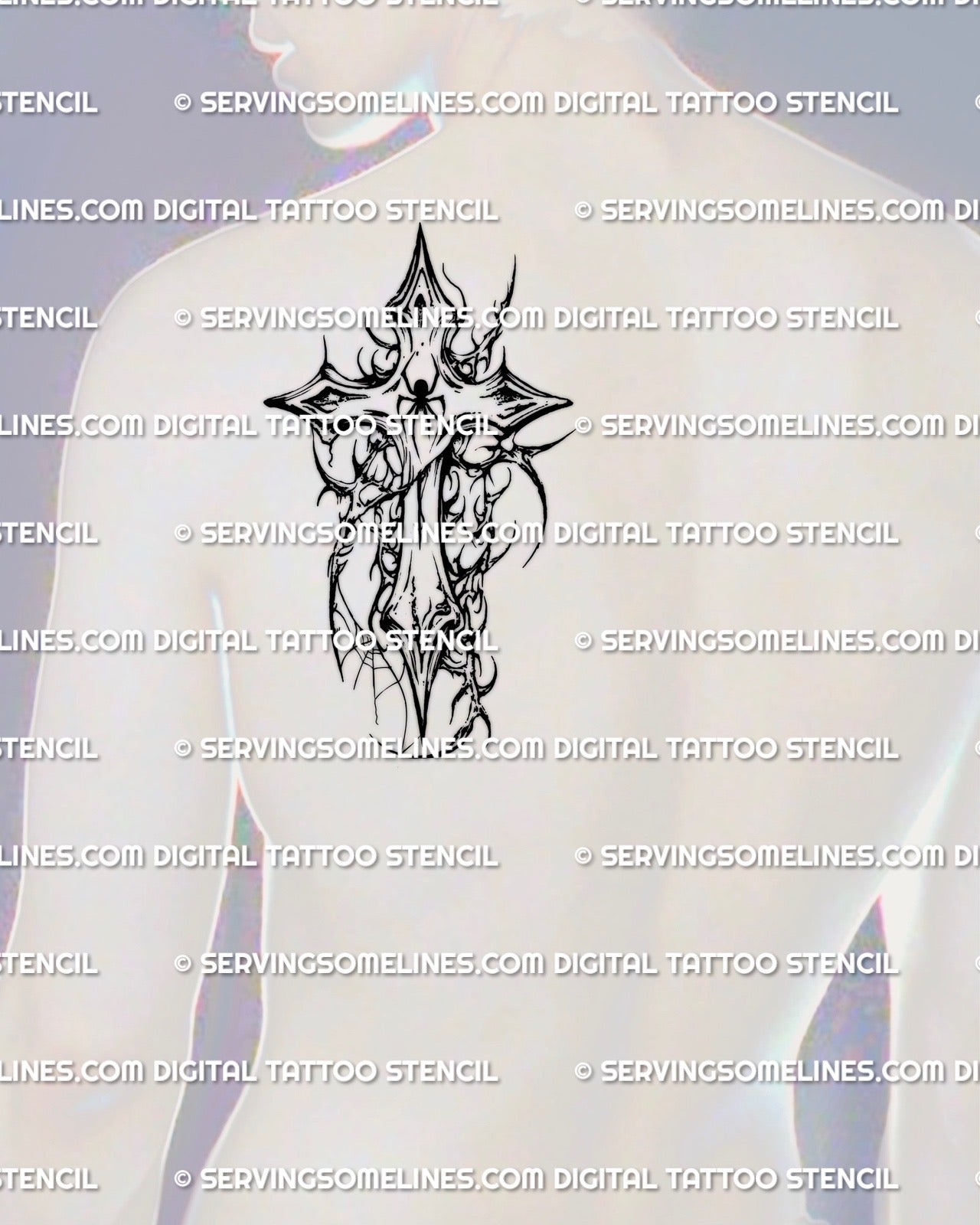 Spiderweb gothic cross tattoo stencil placed on men shoulder, bold cyber tribal structure created for stencil tattoos for men and strong visibility.