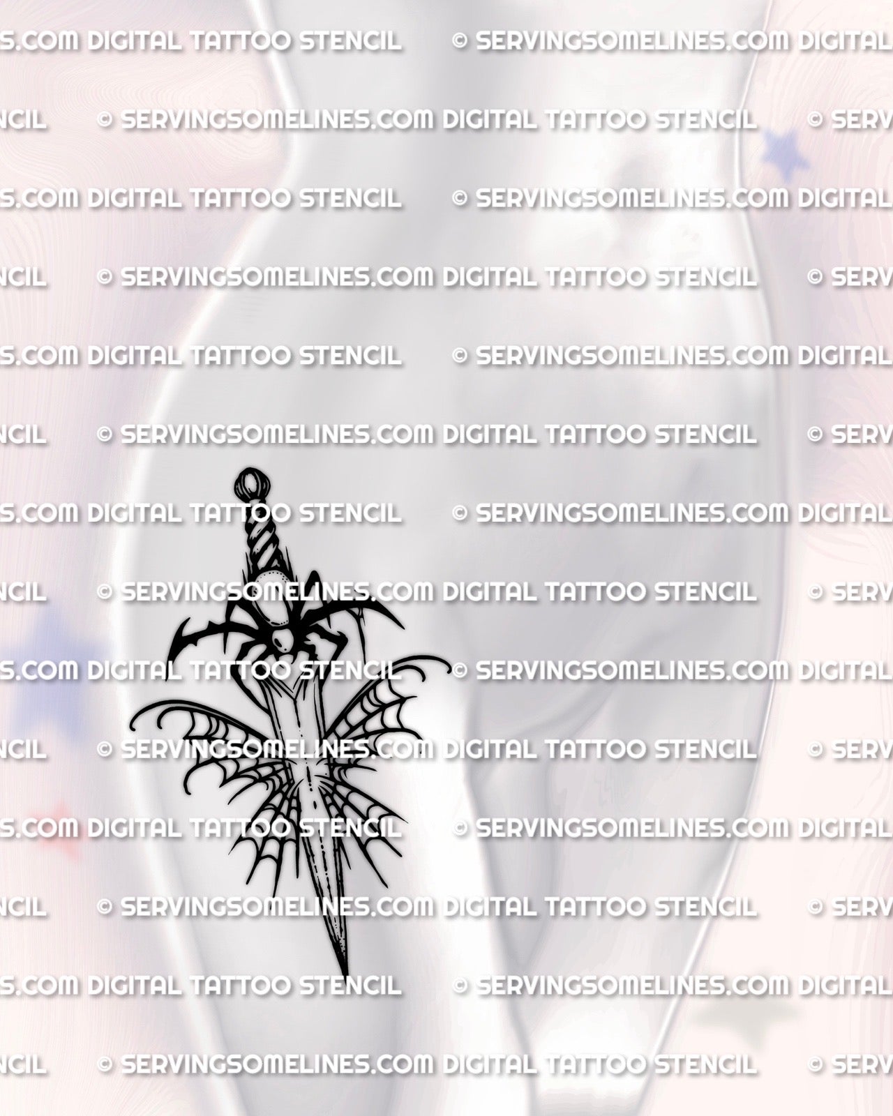 Spiderweb dagger tattoo stencil download, PNG JPEG PDF, womens hip placement example, spider and web behind blade