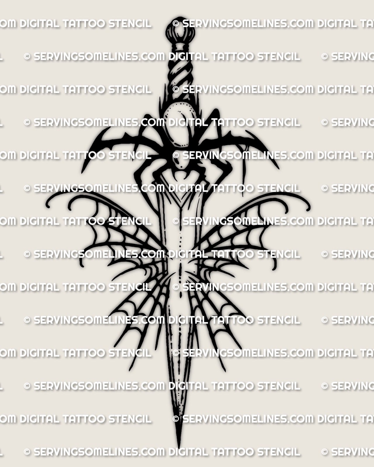 Spiderweb dagger tattoo stencil with spider and web behind blade design, digital download PNG JPEG PDF