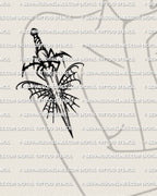 Spiderweb dagger tattoo shown on womens arm placement, spider and web behind blade, stencil download
