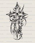 Spiderweb gothic cross tattoo stencil with cyber tribal spikes and sharp black linework, designed as a bold stencil tattoo men can size cleanly.