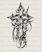 Spiderweb gothic cross tattoo stencil with cyber tribal spikes and sharp black linework, designed as a bold stencil tattoo men can size cleanly.