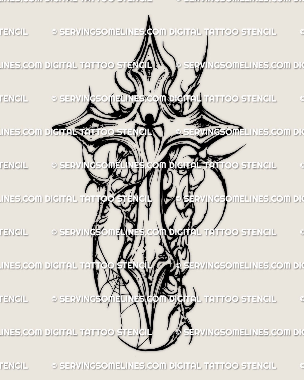 Spiderweb gothic cross tattoo stencil with cyber tribal spikes and sharp black linework, designed as a bold stencil tattoo men can size cleanly.