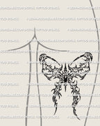 Spiked bow tattoo stencil shown on back of thigh placement preview, cyber sigil bow tattoo design with PNG JPG PDF files.
