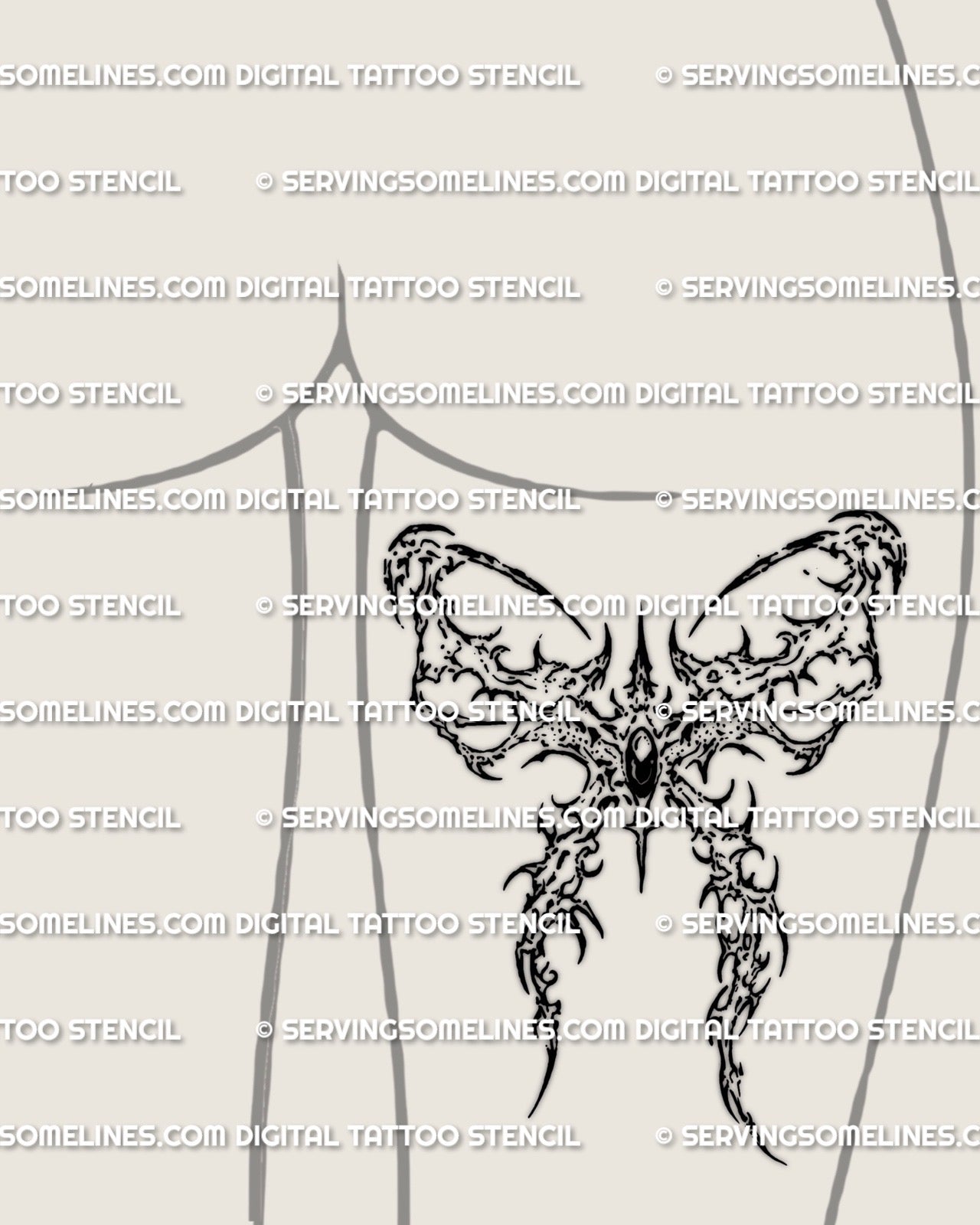 Spiked bow tattoo stencil shown on back of thigh placement preview, cyber sigil bow tattoo design with PNG JPG PDF files.