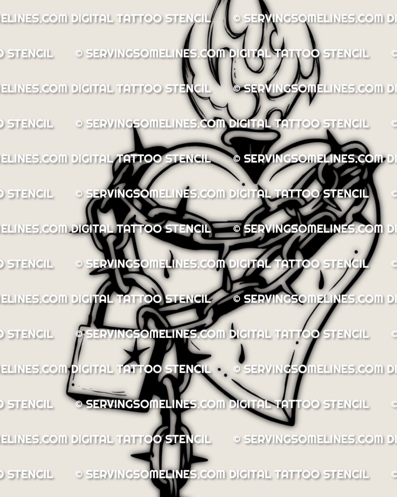 Close view of chained heart tattoo stencil, spiked link points, padlock focal detail, clean line spacing