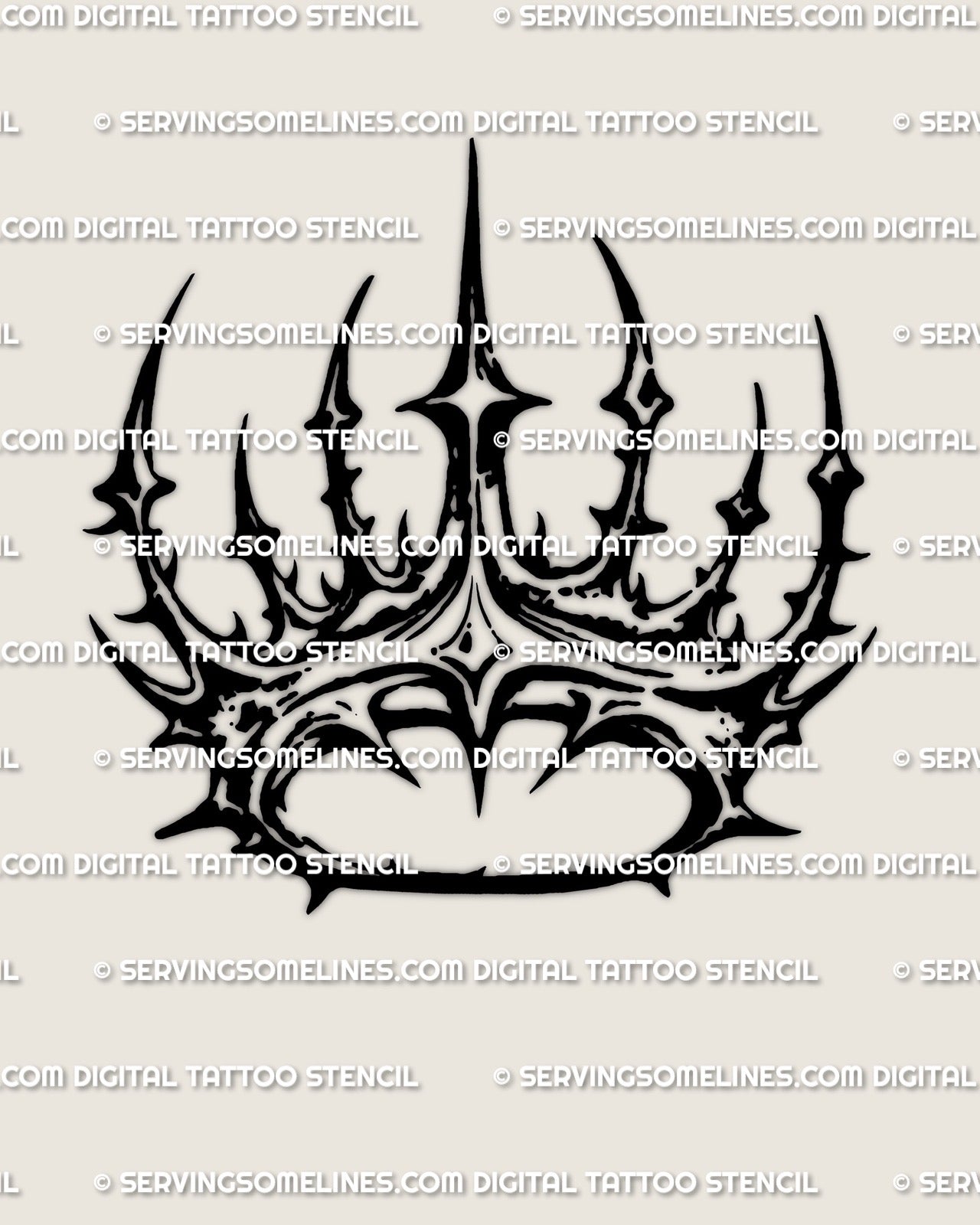 Spiked crown tattoo stencil outline with long center point, instant digital download PNG PDF