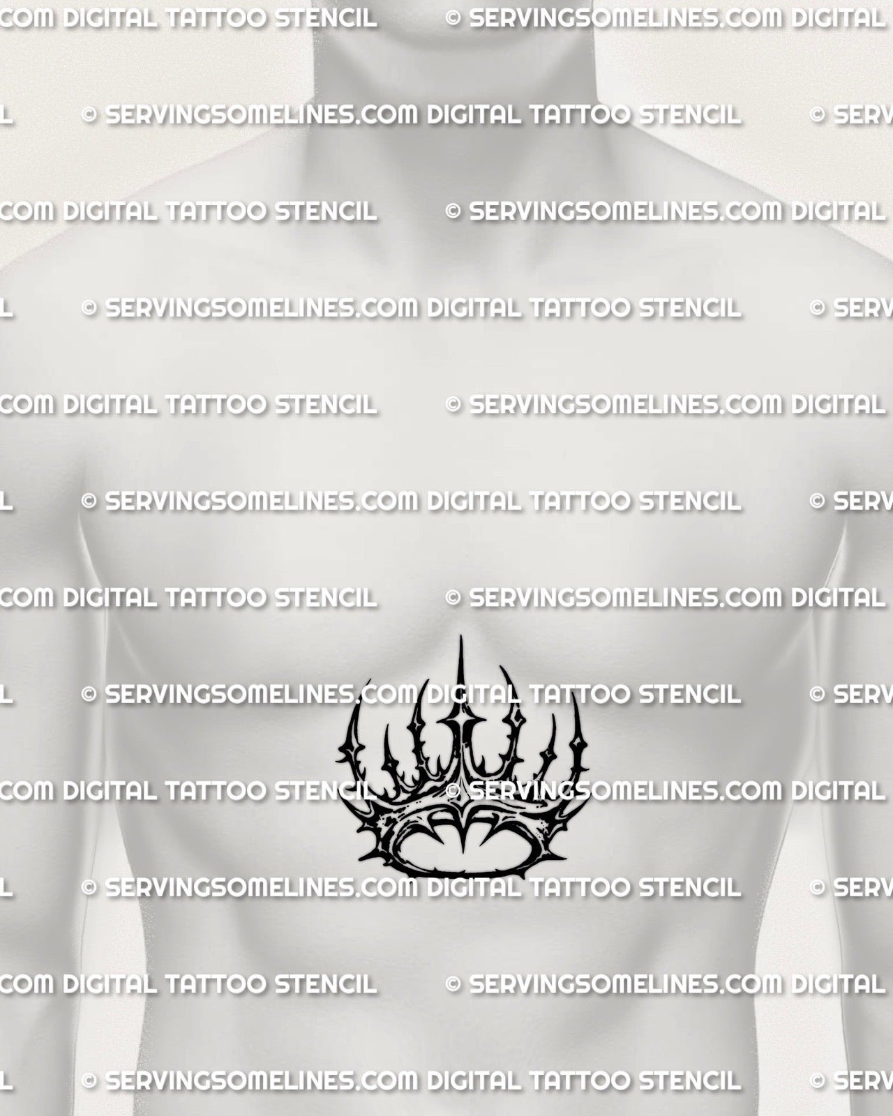Spiked crown tattoo stencil on men’s sternum center placement, bold crown outline stencil