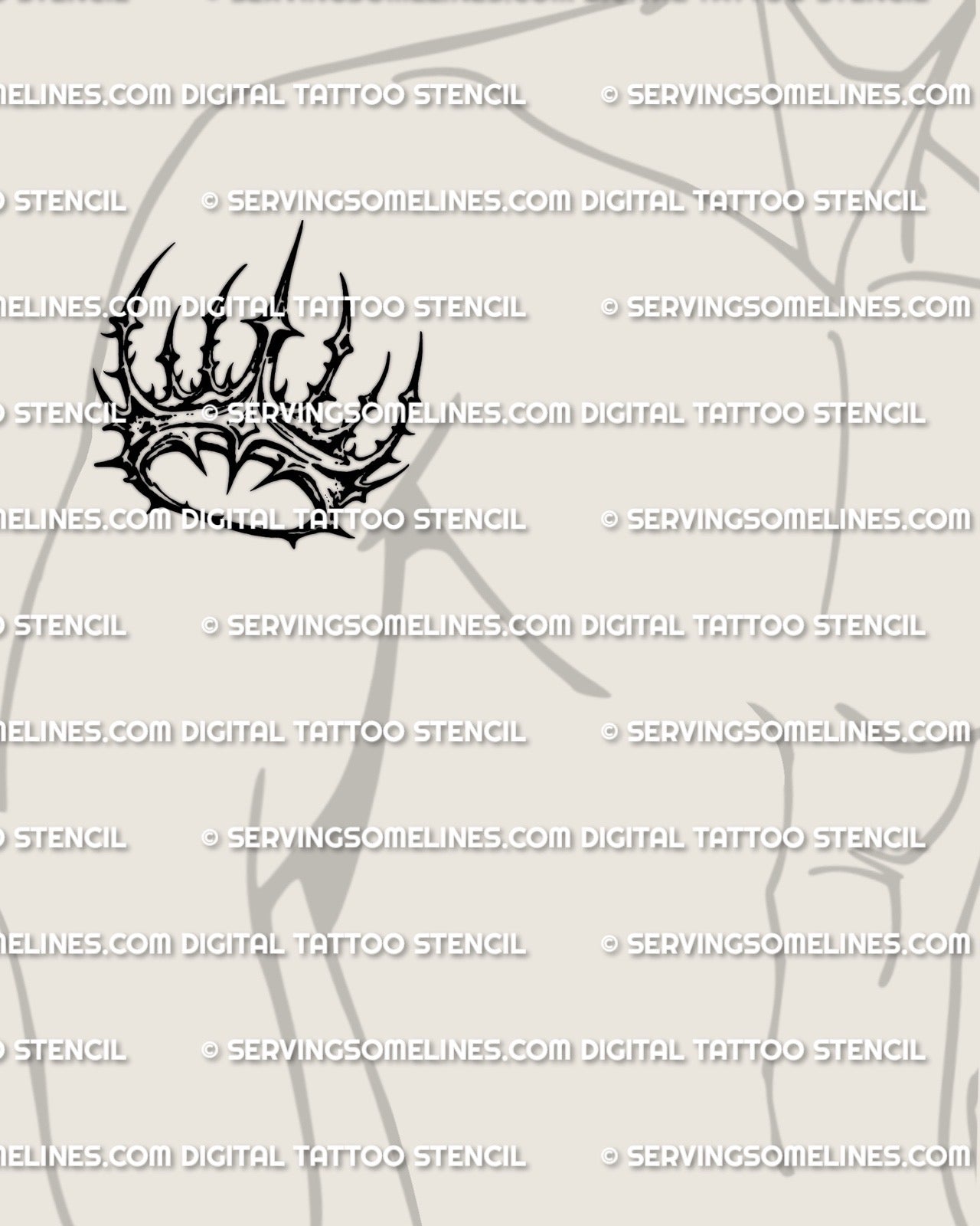 Spiked crown tattoo stencil displayed on upper arm placement, sharp crown outline stencil file