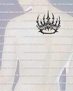 Spiked crown tattoo stencil shown on upper back center placement, clean crown outline design