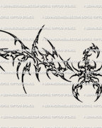 Close detail of the spiked cyber scorpion tattoo design, showing the tail, claws, side hooks, and sharp linework.
