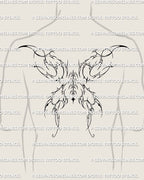 Spiked fairy wings tattoo stencil shown on men’s upper back with extended pointed wings and shoulder-spread fit