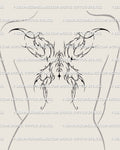 Spiked fairy wings tattoo stencil shown on women’s upper back placement with pointed tips and a centered layout