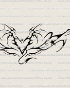 Close detail of the devil heart tattoo stencil, showing pointed edges, dark ornament, and the lower back heart center.