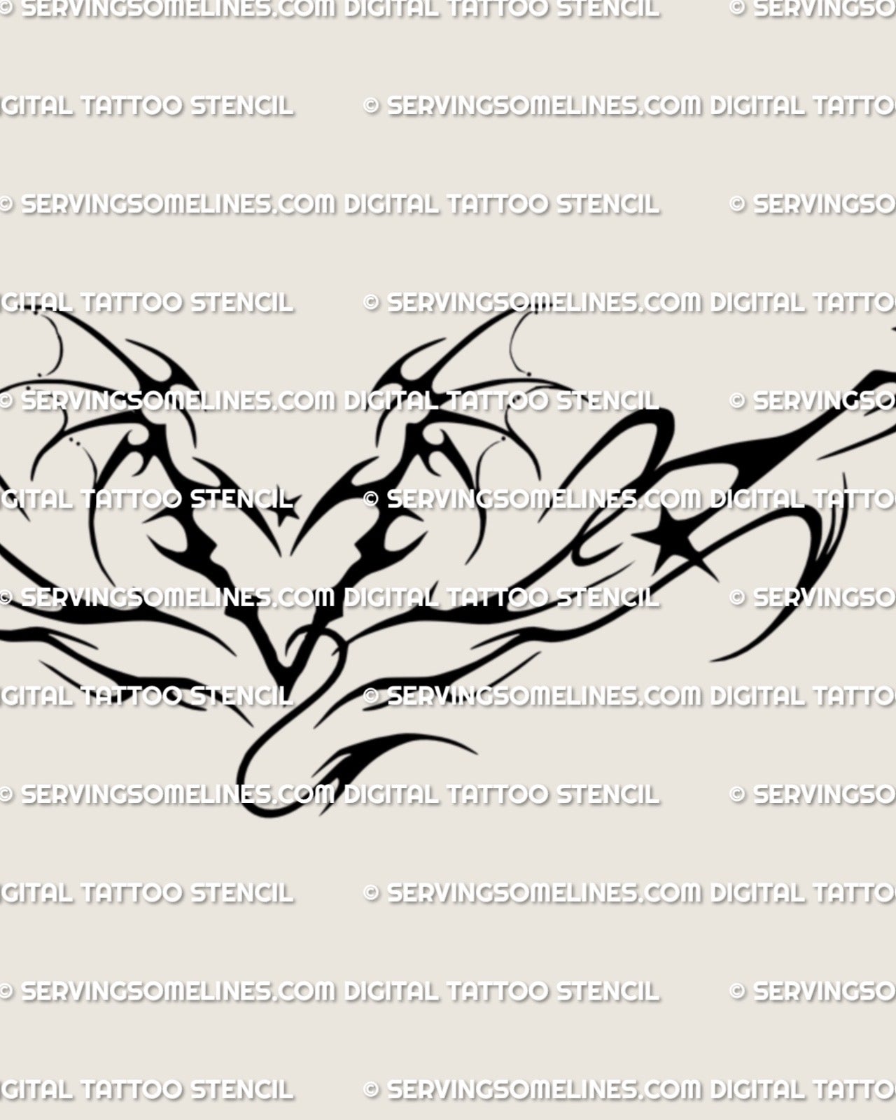 Close detail of the devil heart tattoo stencil, showing pointed edges, dark ornament, and the lower back heart center.