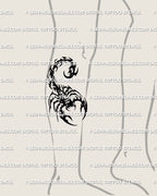 Spiked scorpion stencil shown on lower leg placement with neotribal body detail, curled tail, and readable black form