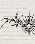 Close view of the spiked solar lower back tattoo design, showing curved cyber linework, pointed rays, and center sun detail.