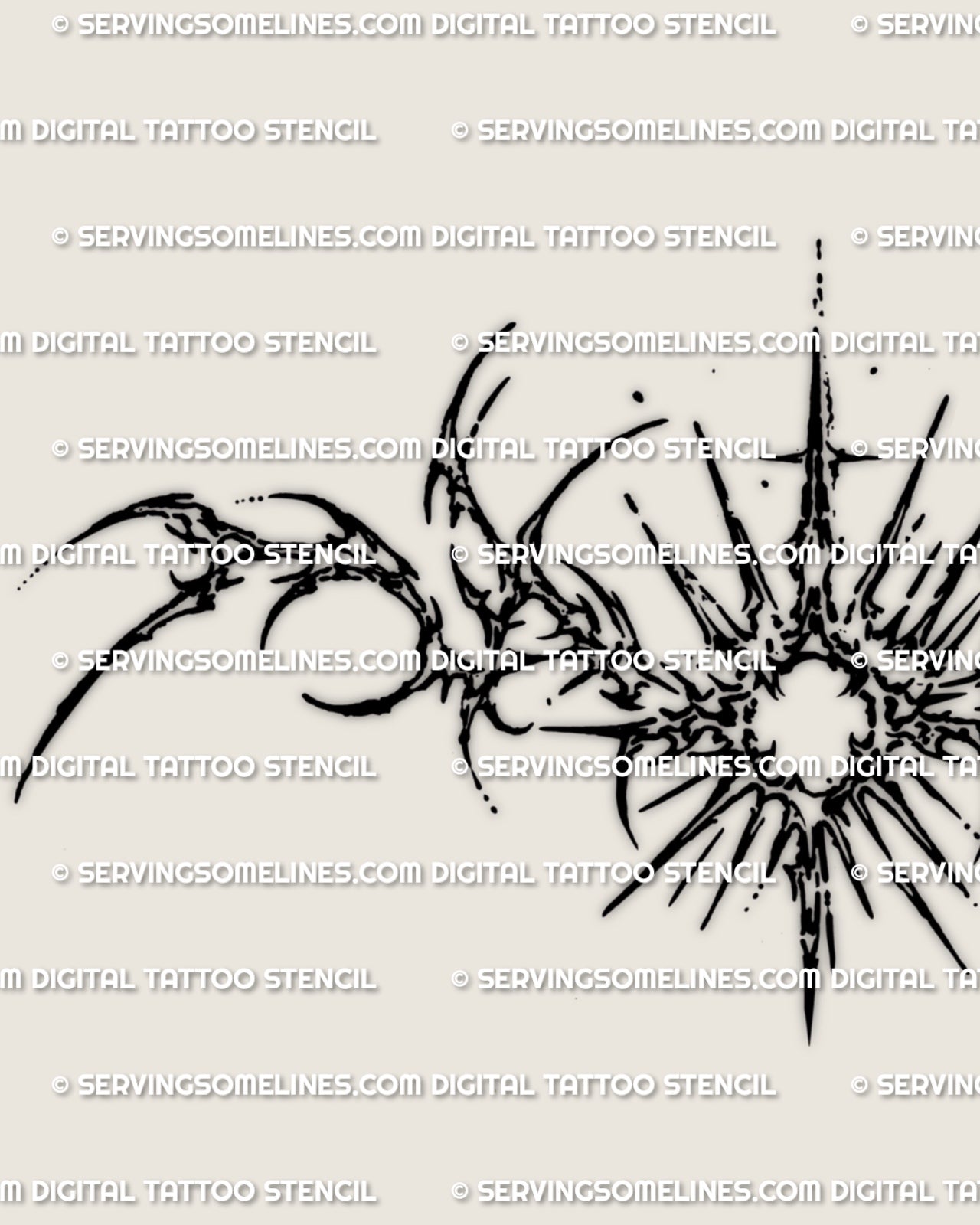Close view of the spiked solar lower back tattoo design, showing curved cyber linework, pointed rays, and center sun detail.