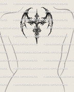 Spiked wing cross tattoo on women’s upper back, dark gothic cross with aggressive wing edges