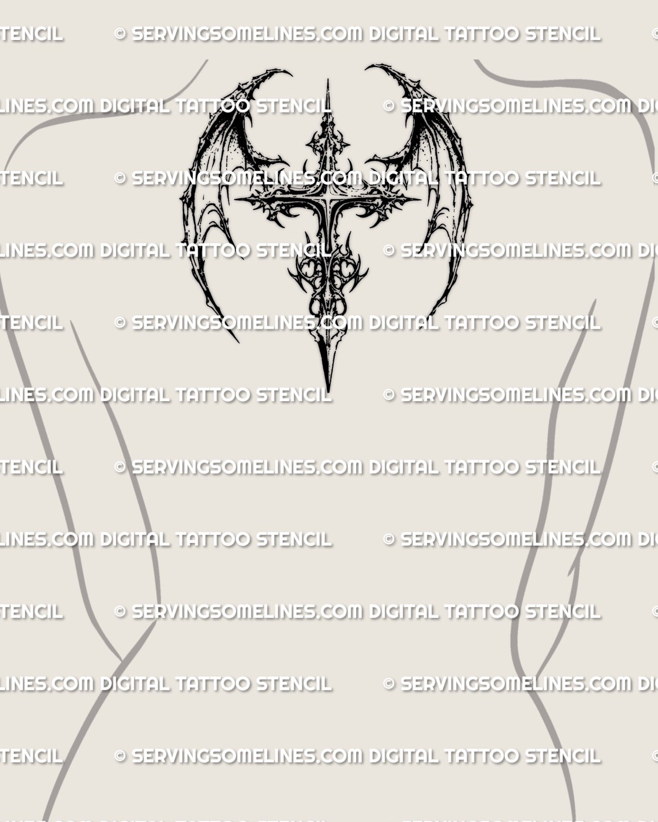 Spiked wing cross tattoo on women’s upper back, dark gothic cross with aggressive wing edges