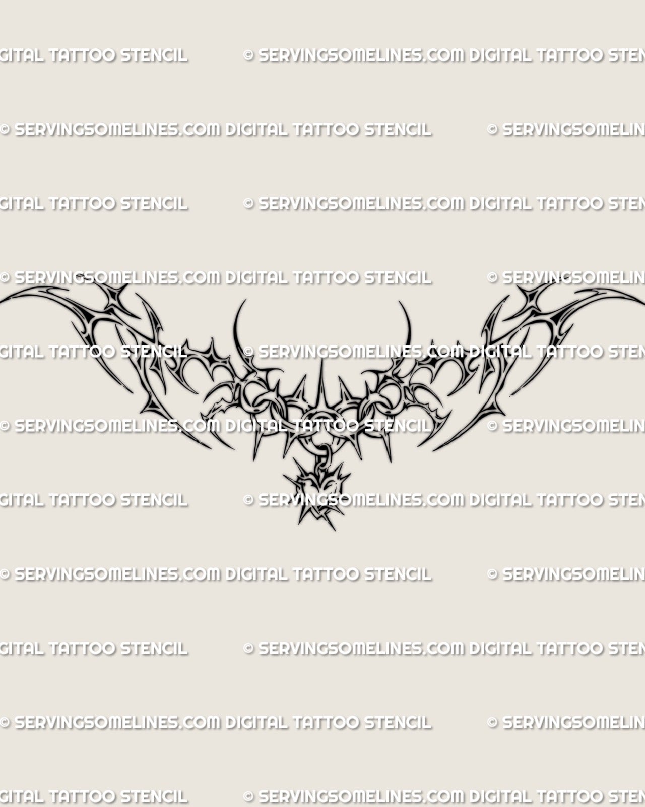 Spiky chain lower back tattoo design with sharp cyber framing, symmetrical chain links, and a centered pendant drop