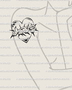 Spiky thorn LOVE lettering tattoo placed on a woman’s shoulder, grunge heart outline and distressed script for alt romantic tattoo searches.