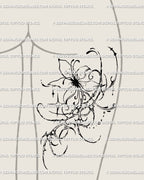 Spiky cyber tribal flower tattoo design on back thigh, gothic ornamental bloom in cybersigilism style for unique alternative ink.