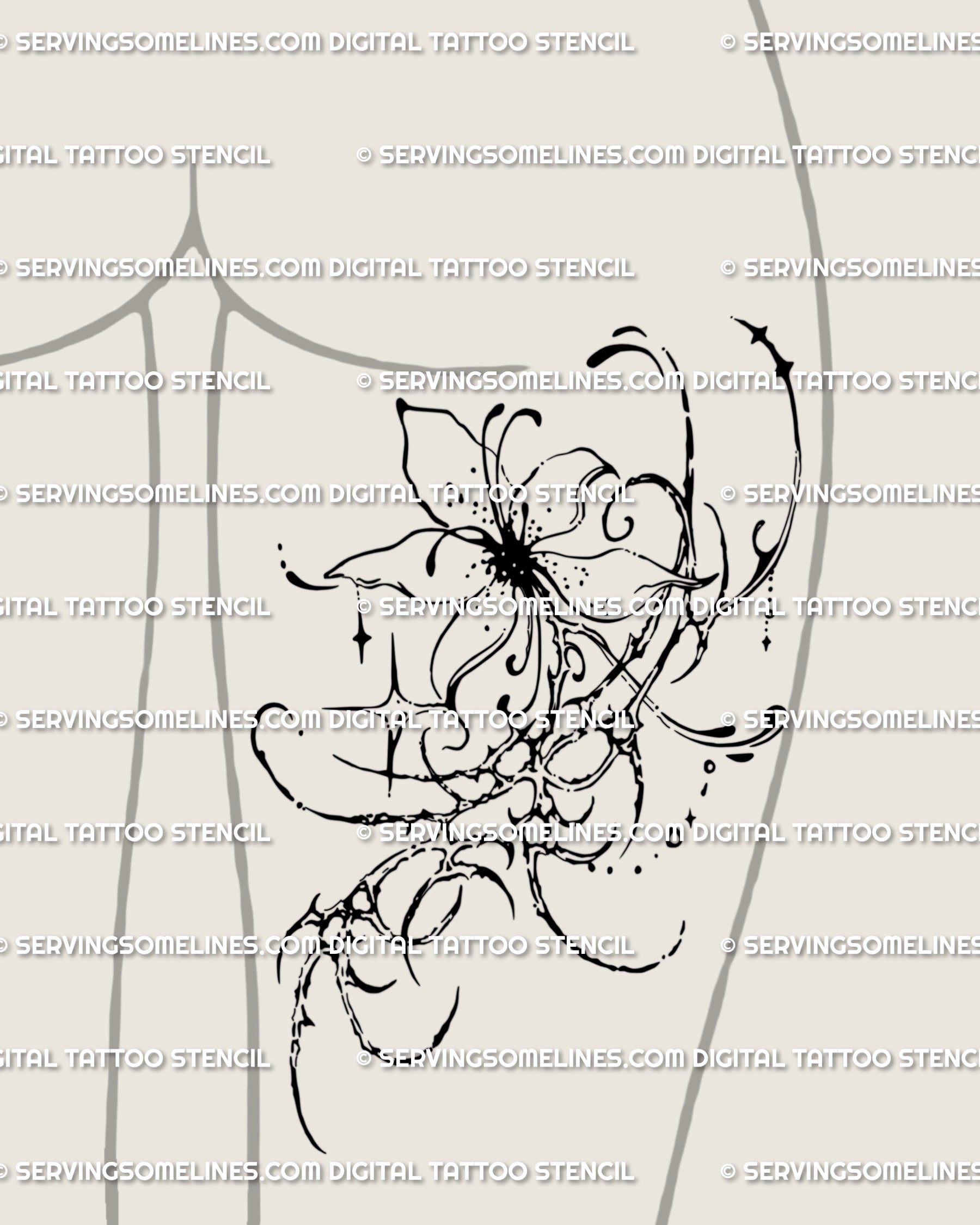 Spiky cyber tribal flower tattoo design on back thigh, gothic ornamental bloom in cybersigilism style for unique alternative ink.