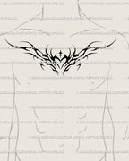 Spiky cybergoth heart tattoo flash on a male chest; sharp symmetry and dark romance, reading as armor-like blackwork with elegant, modern edge.