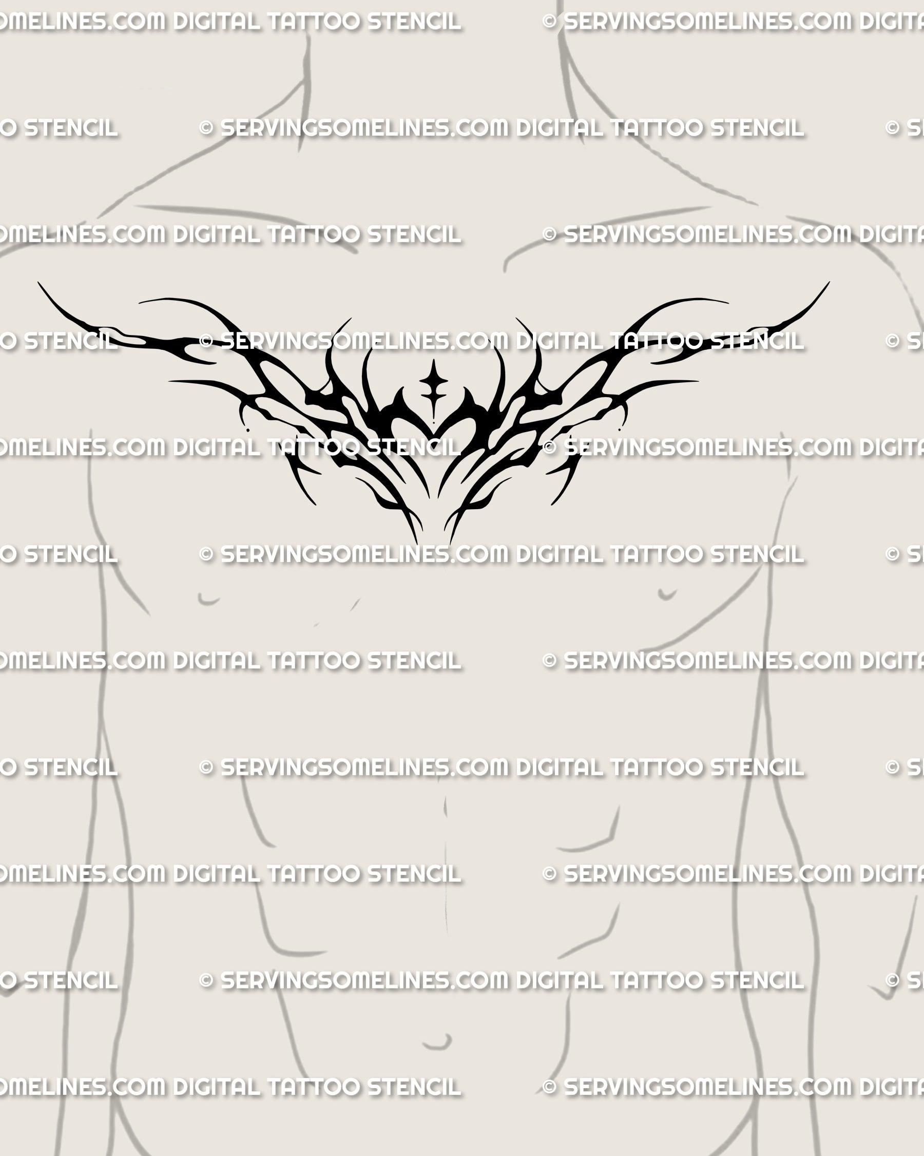 Spiky cybergoth heart tattoo flash on a male chest; sharp symmetry and dark romance, reading as armor-like blackwork with elegant, modern edge.