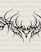 Close-up of spiky heart tramp stamp tattoo with gothic tribal ornaments, drawn in cybersigilism style, perfect as a lower back or chest stencil design.