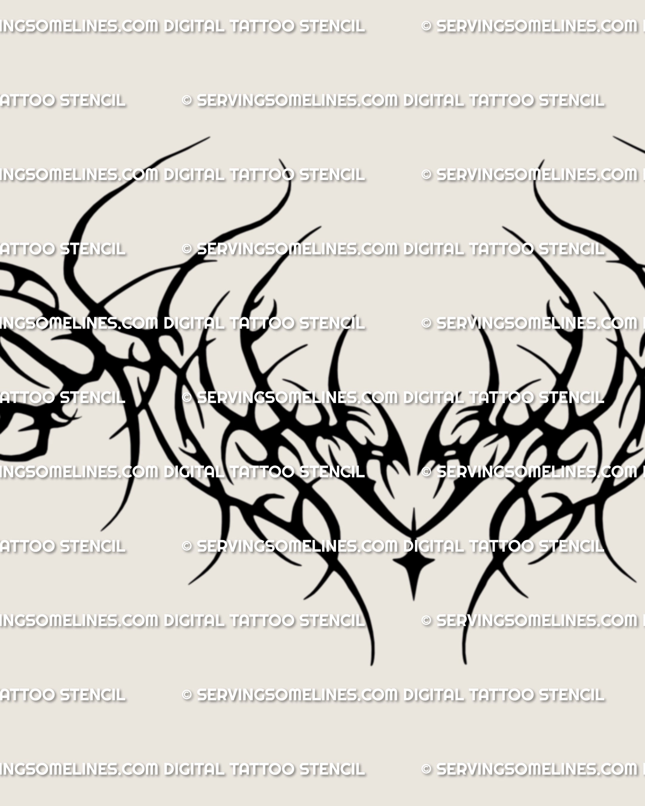 Close-up of spiky heart tramp stamp tattoo with gothic tribal ornaments, drawn in cybersigilism style, perfect as a lower back or chest stencil design.