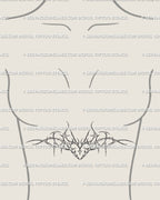 Spiky ornamental heart tattoo on feminine sternum; witchy cyber-sigil look, thorn lines and star sparkles, clean stencil-ready linework.