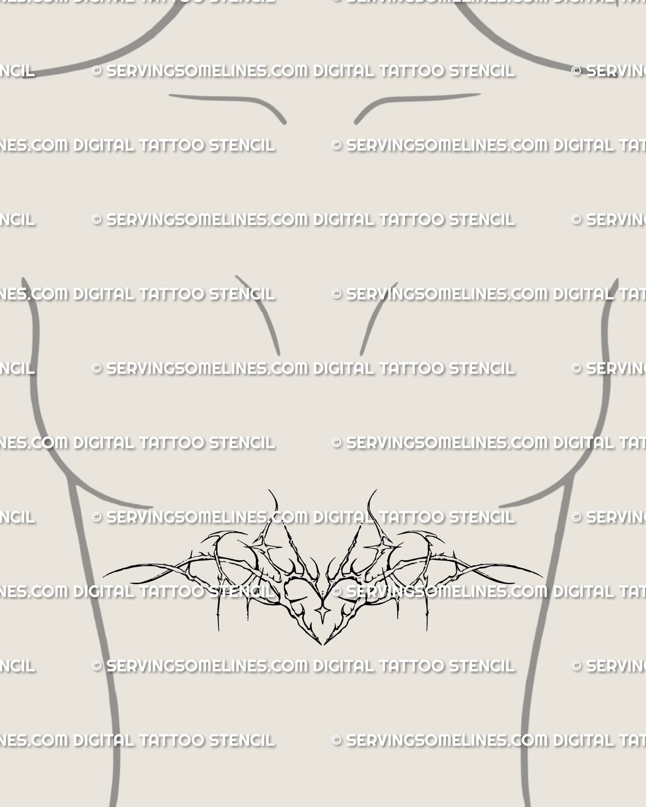Spiky ornamental heart tattoo on feminine sternum; witchy cyber-sigil look, thorn lines and star sparkles, clean stencil-ready linework.