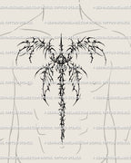 Spiky thorned wings tattoo design placed on male chest front, gothic skull cyber tribal stencil with bold edge.