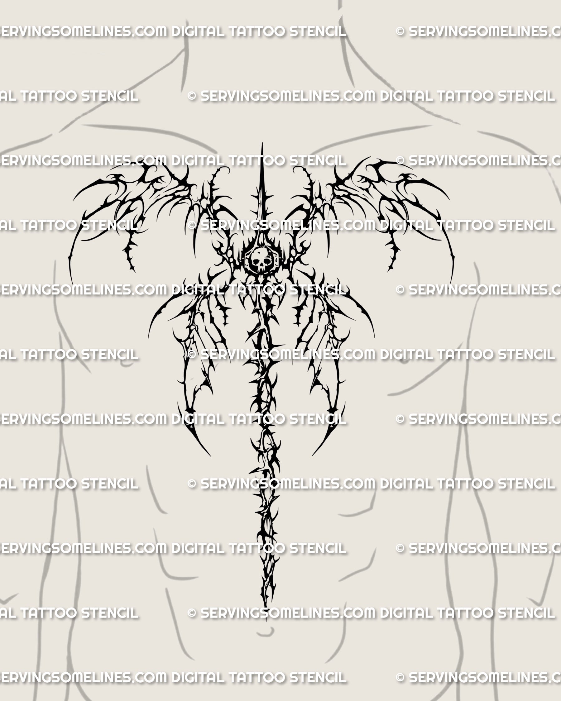 Spiky thorned wings tattoo design placed on male chest front, gothic skull cyber tribal stencil with bold edge.
