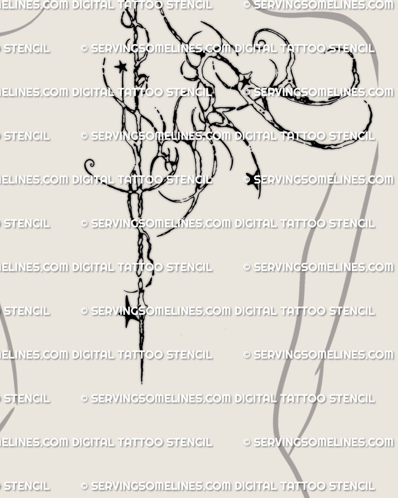 Spine and shoulder tattoo shown on women’s back placement with an asymmetrical ornamental upper back design