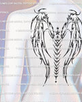 Spine column demon wings tattoo stencil shown on back placement with a vertical centerline and dark upper wing spread