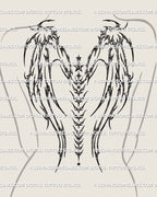 Spine column demon wings tattoo shown on women’s back with a centered vertical layout and dark wing framing
