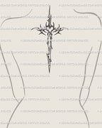 Back spine tattoo concept of dagger cross stencil in cybersigilism style, vertical sword form flowing naturally along the spine. 