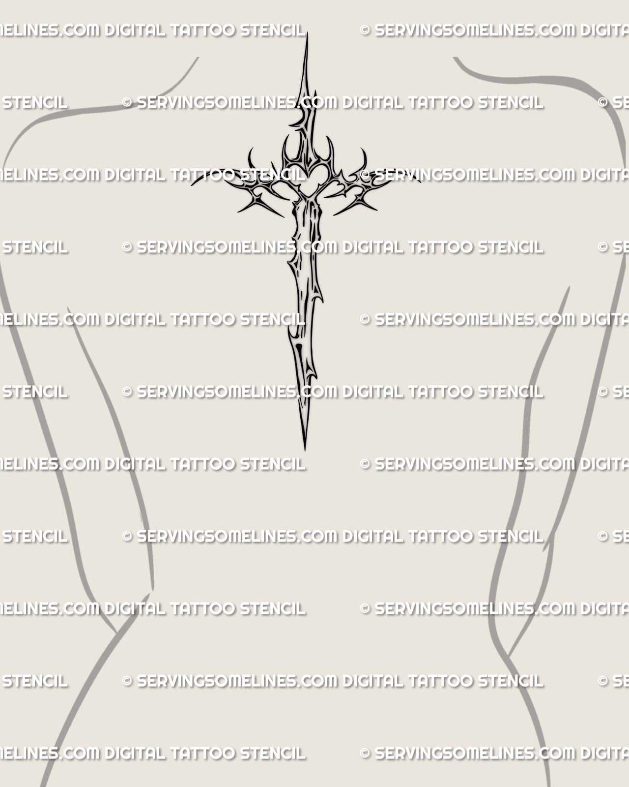 Back spine tattoo concept of dagger cross stencil in cybersigilism style, vertical sword form flowing naturally along the spine. 