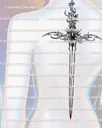 spine dagger tattoo stencil displayed on mannequin back with long blade, gemstone center and ornamental accents for vertical placement