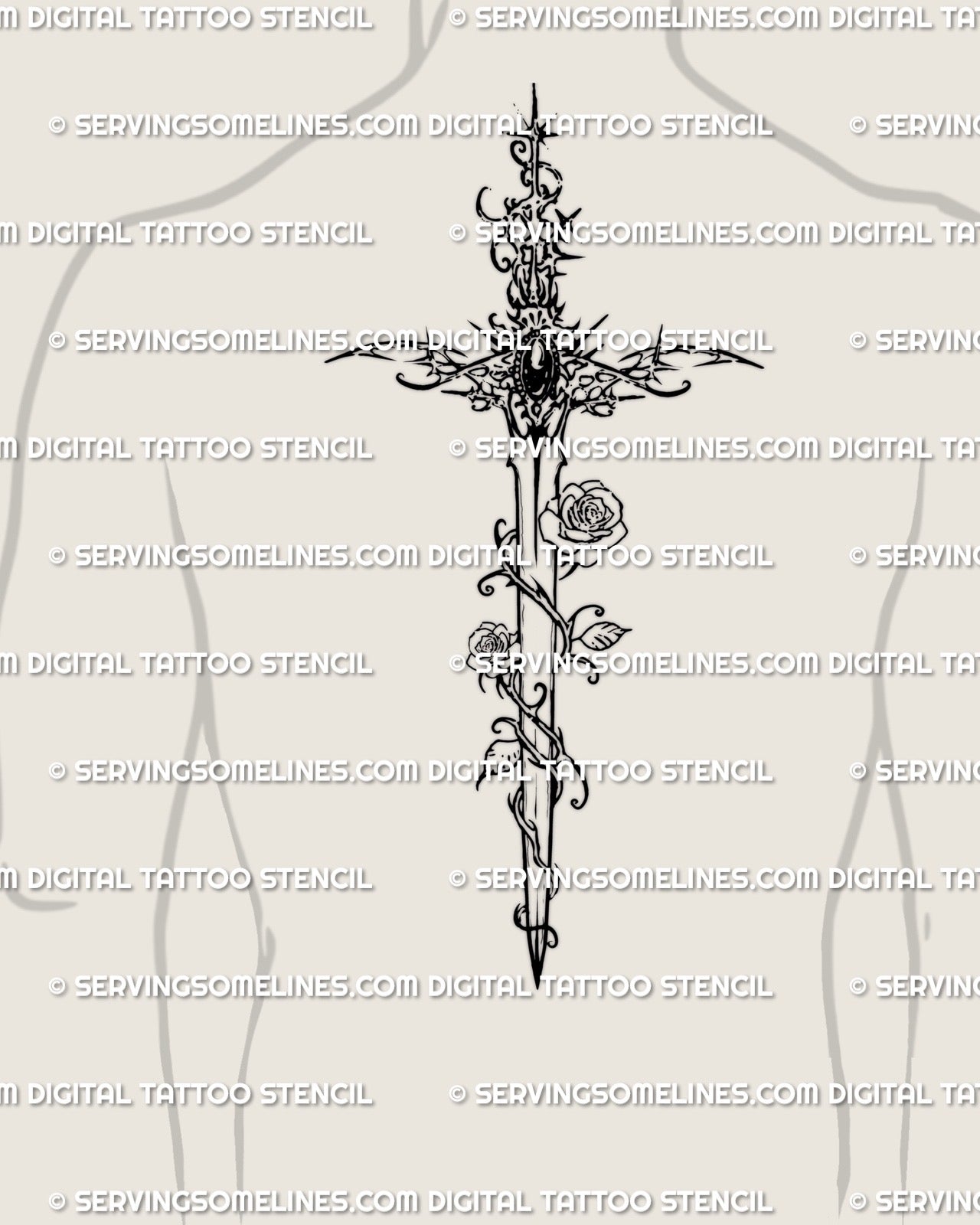 men’s spine tattoo mockup showing long rose sword design with gemstone handle and thorn details, cyber gothic dagger aligned down the back