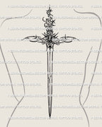ornamental spine sword tattoo stencil on woman’s back with gemstone center and detailed blade design