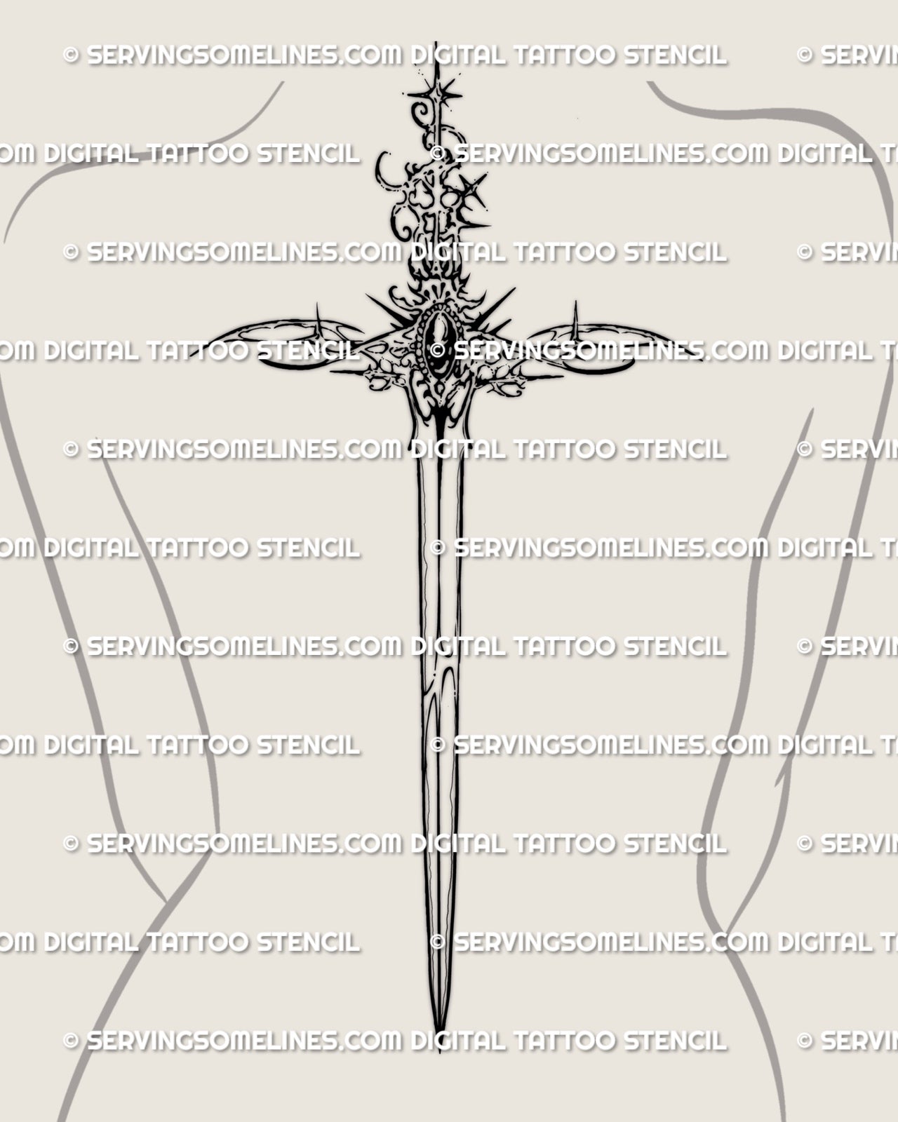 ornamental spine sword tattoo stencil on woman’s back with gemstone center and detailed blade design