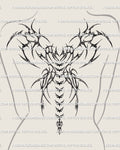 Digital spine wings tattoo stencil displayed on feminine back, gothic cyber sigil linework with spiked heart center, hand-drawn design.