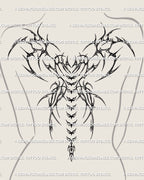 Digital spine wings tattoo stencil displayed on feminine back, gothic cyber sigil linework with spiked heart center, hand-drawn design.