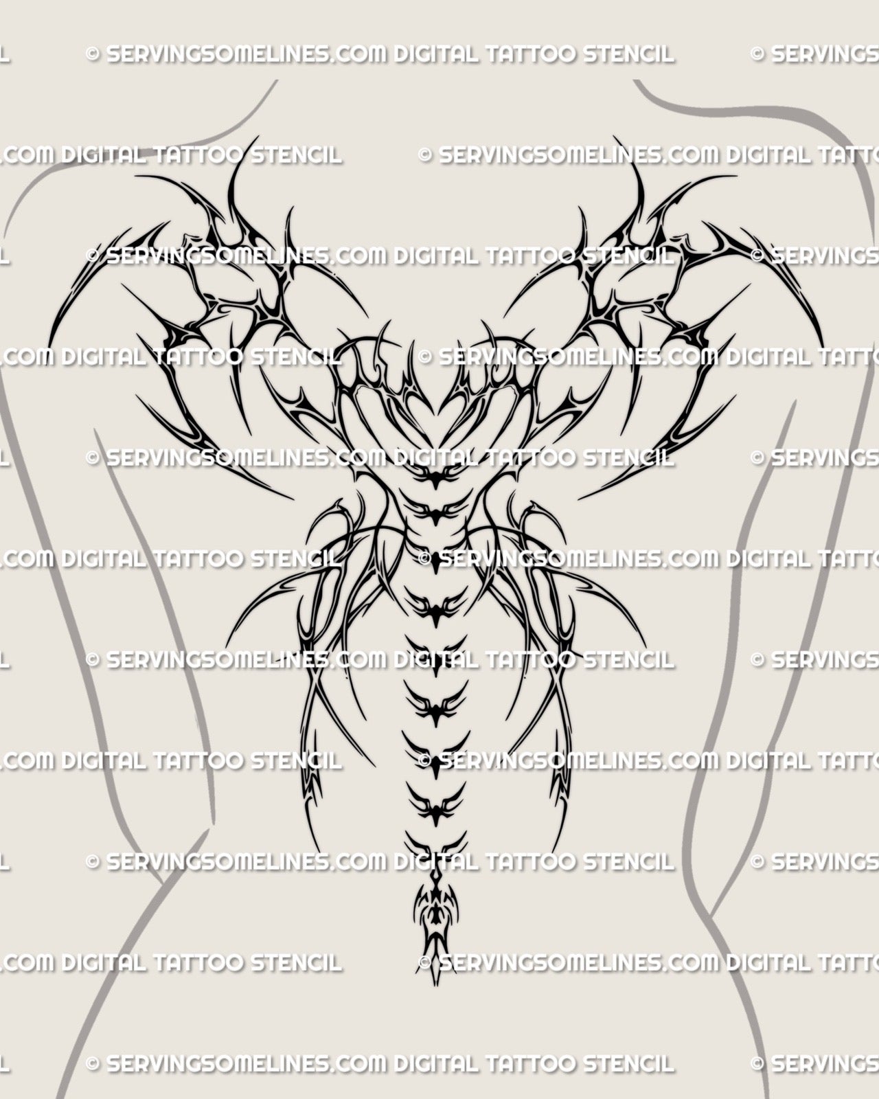 Digital spine wings tattoo stencil displayed on feminine back, gothic cyber sigil linework with spiked heart center, hand-drawn design.